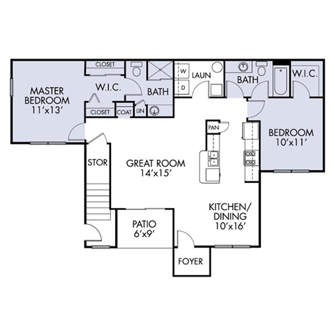 Floor plan for 2 beds, 2 baths, 1130 sqft